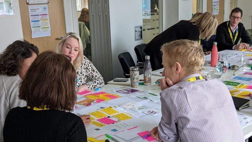 Staff in a Zero Waste Scotland office looking at sticky notes.